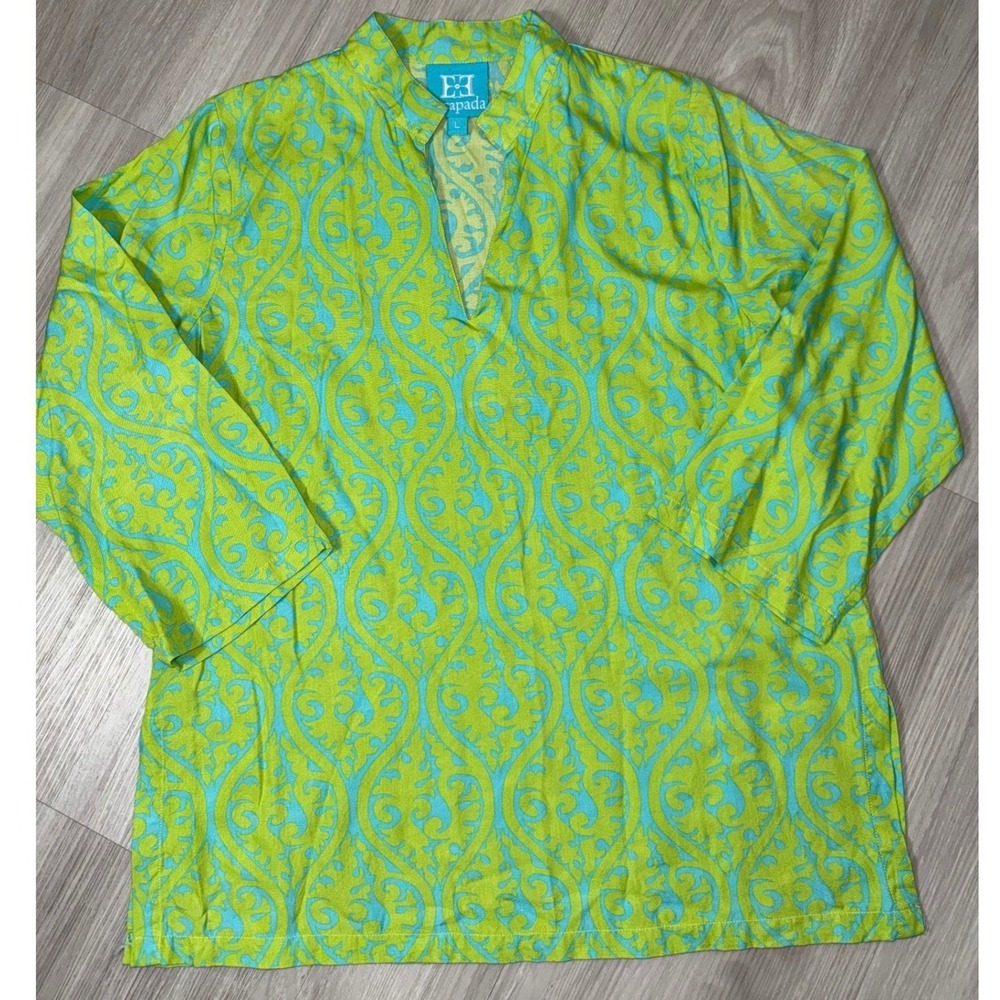 Escapada Womens Tunic Top L Lime Green Turquoise Blue Damask 3/4 Sleeve V-Neck - Picture 2 of 11